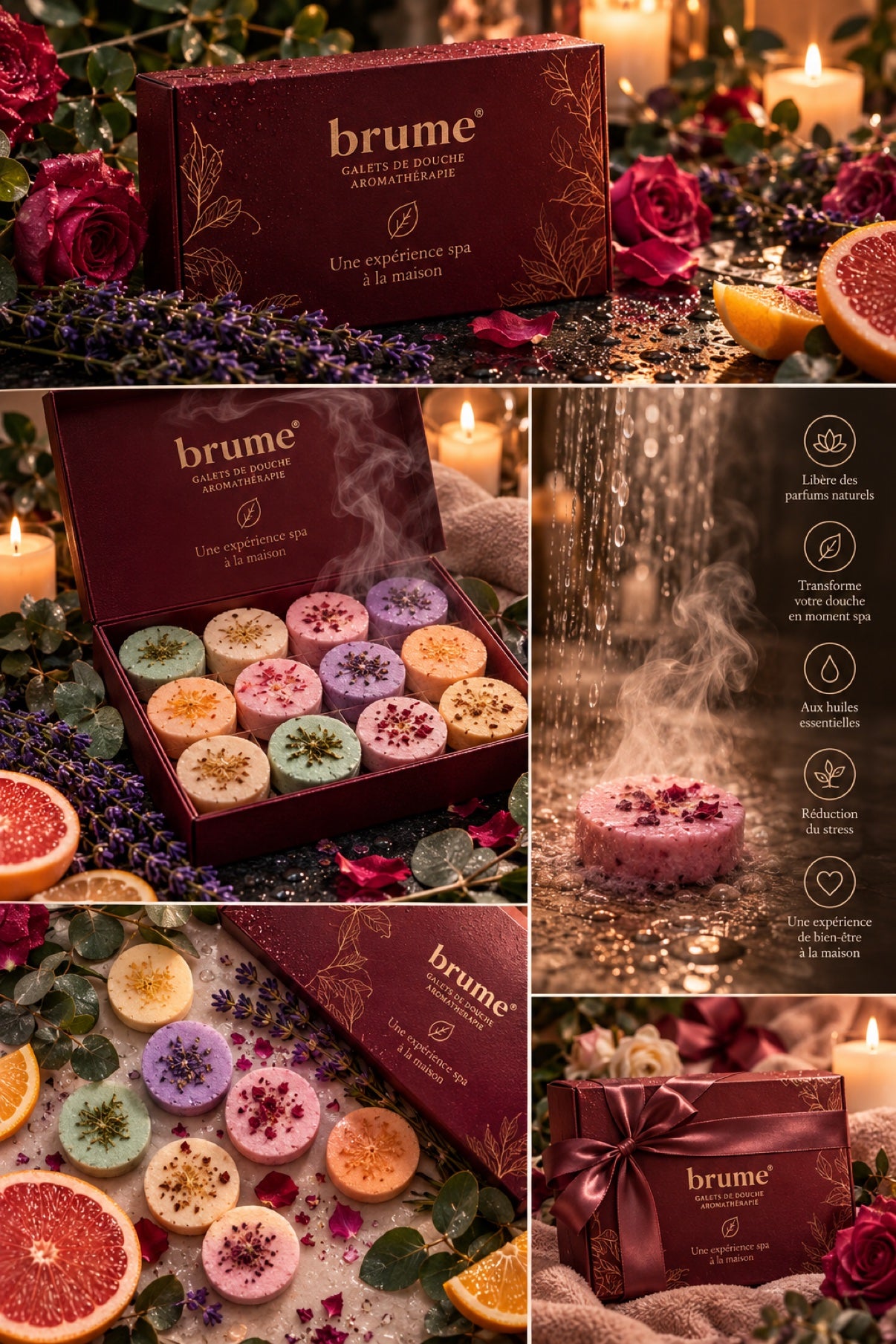 Collage Brume : le coffret avec roses et lavande, le coffret ouvert et ses douze galets, les cinq bienfaits, les galets en vrac et le coffret cadeau