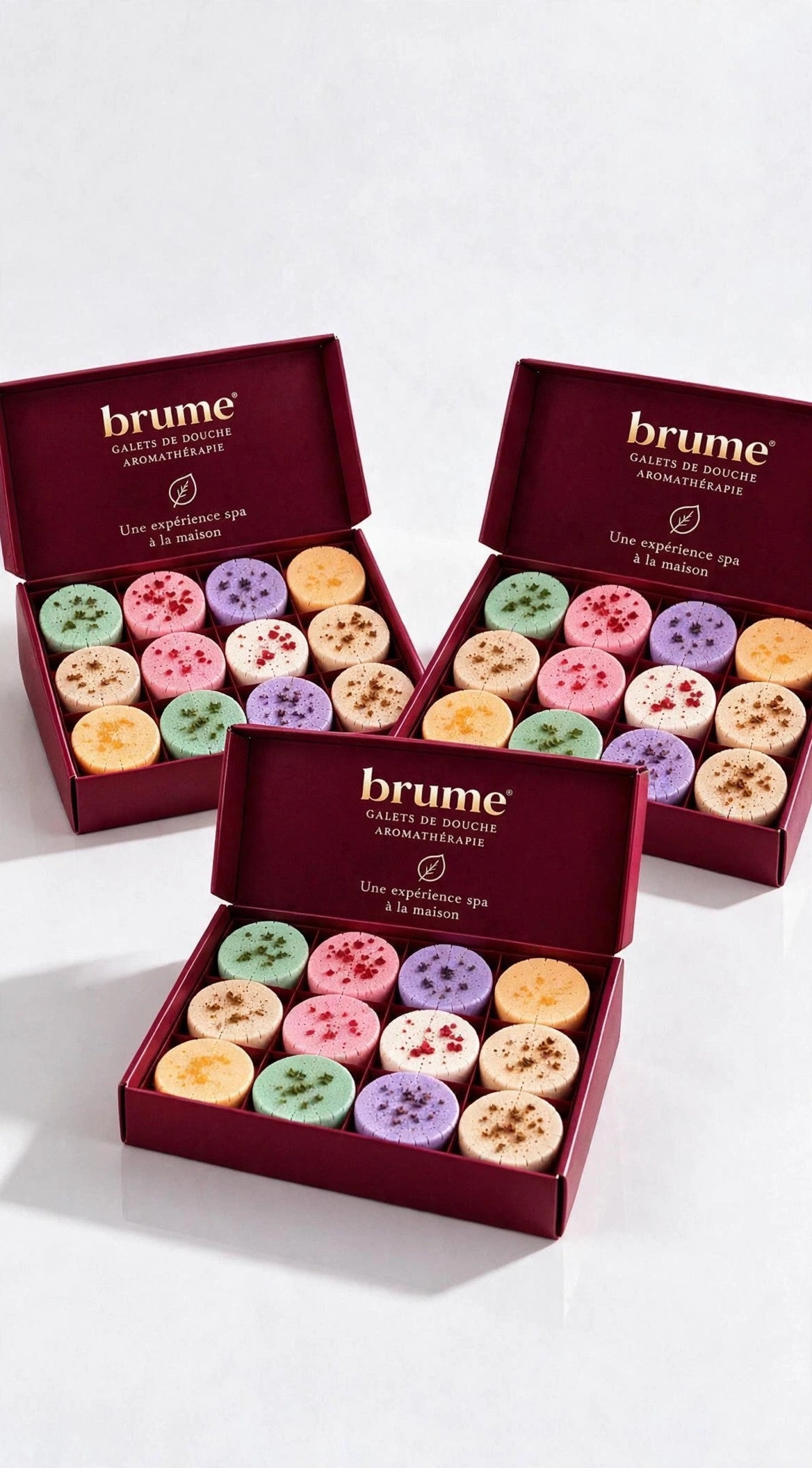 Trio Brume — 3 coffrets de galets de douche