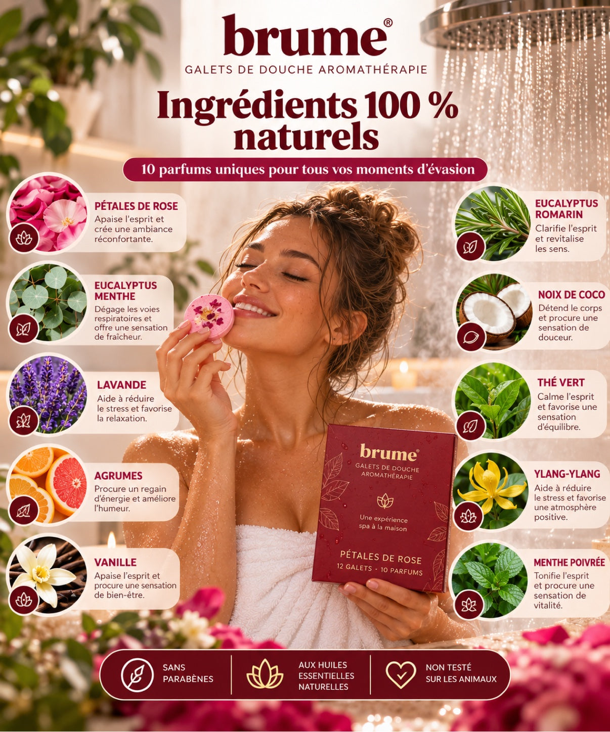 Infographie Brume — Ingrédients 100 % naturels : les 10 parfums et leurs bienfaits